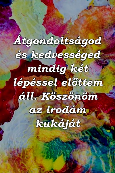 Átgondoltságod és kedvességed mindig két lépéssel előttem áll. Köszönöm az irodám kukáját