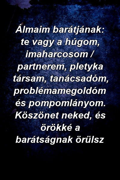 Álmaim barátjának: te vagy a húgom, imaharcosom / partnerem, pletyka társam, tanácsadóm, problémamegoldóm és pompomlányom. Köszönet neked, és örökké a barátságnak örülsz