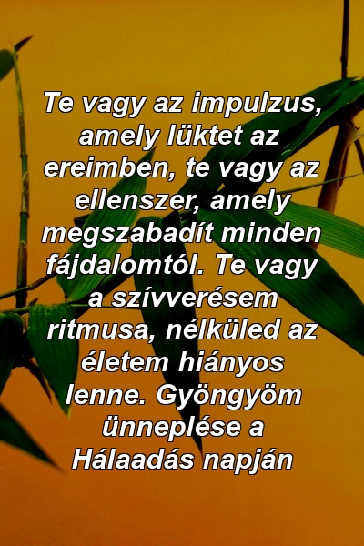 Te vagy az impulzus, amely lüktet az ereimben, te vagy az ellenszer, amely megszabadít minden fájdalomtól. Te vagy a szívverésem ritmusa, nélküled az életem hiányos lenne. Gyöngyöm ünneplése a Hálaadás napján