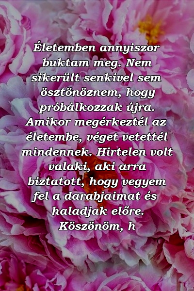 Életemben annyiszor buktam meg. Nem sikerült senkivel sem ösztönöznem, hogy próbálkozzak újra. Amikor megérkeztél az életembe, véget vetettél mindennek. Hirtelen volt valaki, aki arra biztatott, hogy vegyem fel a darabjaimat és haladjak előre. Köszönöm, h