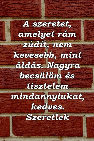 A szeretet, amelyet rám zúdít, nem kevesebb, mint áldás. Nagyra becsülöm és tisztelem mindannyiukat, kedves. Szeretlek