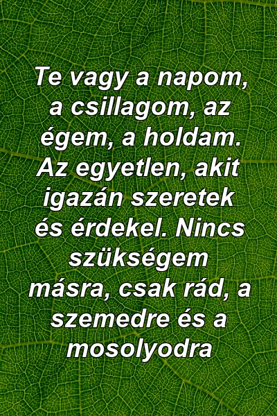 Te vagy a napom, a csillagom, az égem, a holdam. Az egyetlen, akit igazán szeretek és érdekel. Nincs szükségem másra, csak rád, a szemedre és a mosolyodra