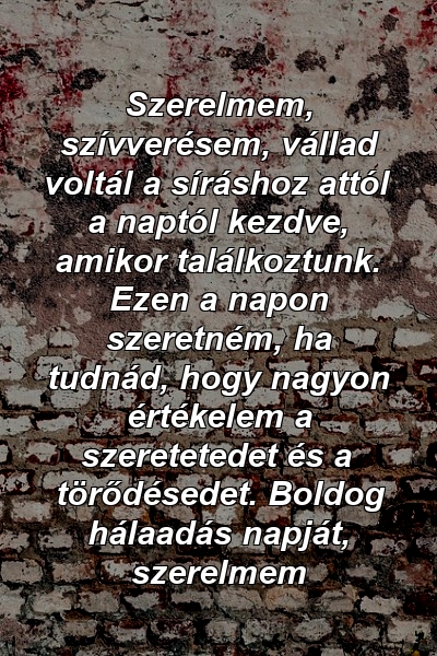 Szerelmem, szívverésem, vállad voltál a síráshoz attól a naptól kezdve, amikor találkoztunk. Ezen a napon szeretném, ha tudnád, hogy nagyon értékelem a szeretetedet és a törődésedet. Boldog hálaadás napját, szerelmem