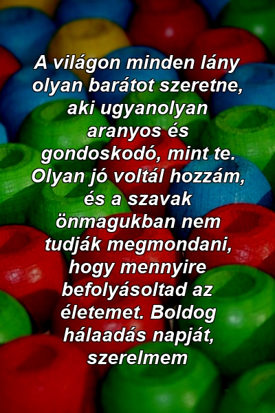 A világon minden lány olyan barátot szeretne, aki ugyanolyan aranyos és gondoskodó, mint te. Olyan jó voltál hozzám, és a szavak önmagukban nem tudják megmondani, hogy mennyire befolyásoltad az életemet. Boldog hálaadás napját, szerelmem