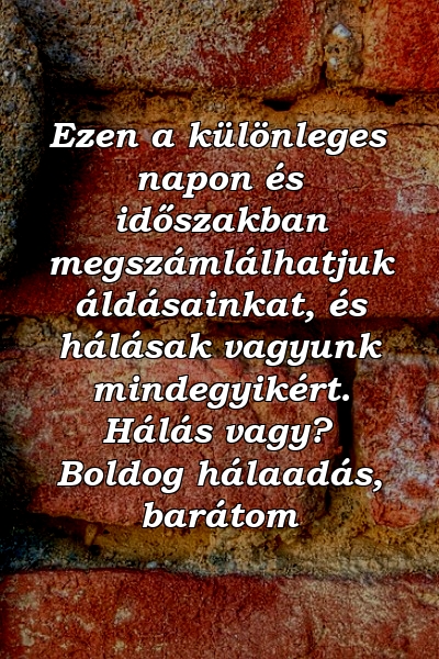 Ezen a különleges napon és időszakban megszámlálhatjuk áldásainkat, és hálásak vagyunk mindegyikért. Hálás vagy? Boldog hálaadás, barátom