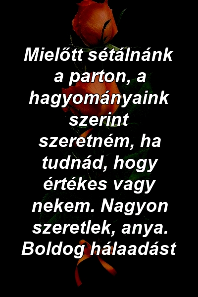 Mielőtt sétálnánk a parton, a hagyományaink szerint szeretném, ha tudnád, hogy értékes vagy nekem. Nagyon szeretlek, anya. Boldog hálaadást