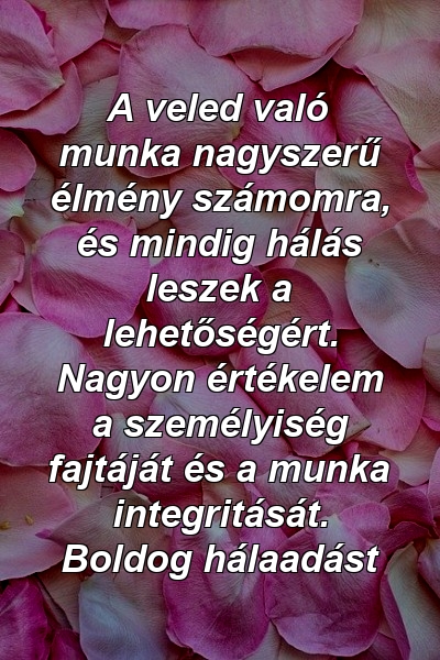 A veled való munka nagyszerű élmény számomra, és mindig hálás leszek a lehetőségért. Nagyon értékelem a személyiség fajtáját és a munka integritását. Boldog hálaadást