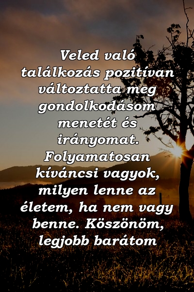 Veled való találkozás pozitívan változtatta meg gondolkodásom menetét és irányomat. Folyamatosan kíváncsi vagyok, milyen lenne az életem, ha nem vagy benne. Köszönöm, legjobb barátom