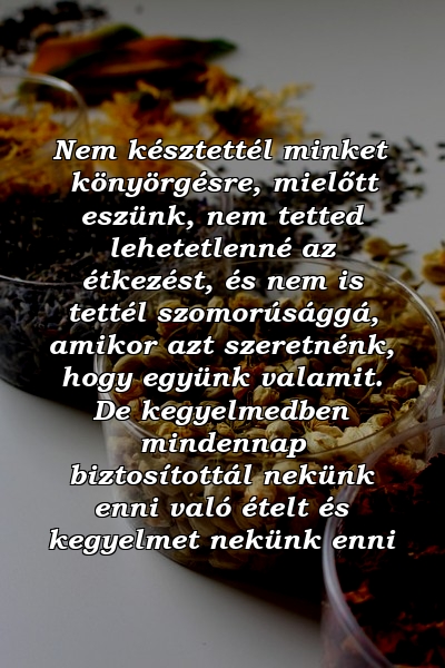 Nem késztettél minket könyörgésre, mielőtt eszünk, nem tetted lehetetlenné az étkezést, és nem is tettél szomorúsággá, amikor azt szeretnénk, hogy együnk valamit. De kegyelmedben mindennap biztosítottál nekünk enni való ételt és kegyelmet nekünk enni