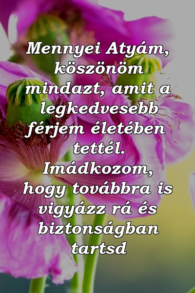 Mennyei Atyám, köszönöm mindazt, amit a legkedvesebb férjem életében tettél. Imádkozom, hogy továbbra is vigyázz rá és biztonságban tartsd