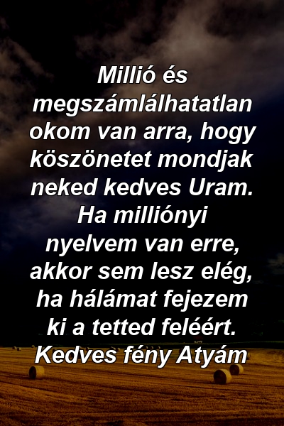 Millió és megszámlálhatatlan okom van arra, hogy köszönetet mondjak neked kedves Uram. Ha milliónyi nyelvem van erre, akkor sem lesz elég, ha hálámat fejezem ki a tetted feléért. Kedves fény Atyám