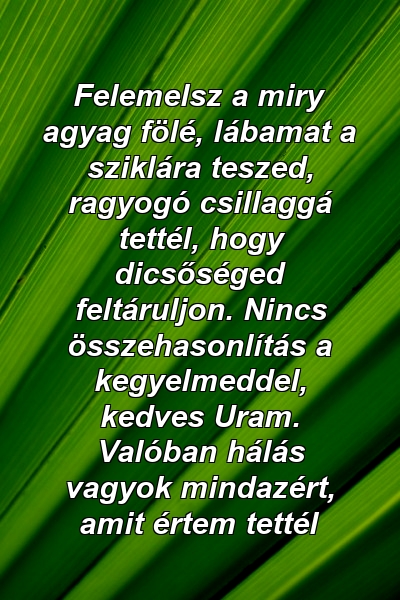 Felemelsz a miry agyag fölé, lábamat a sziklára teszed, ragyogó csillaggá tettél, hogy dicsőséged feltáruljon. Nincs összehasonlítás a kegyelmeddel, kedves Uram. Valóban hálás vagyok mindazért, amit értem tettél