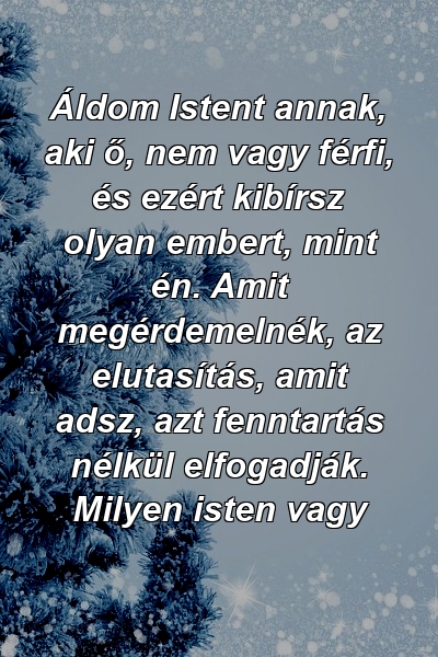 Áldom Istent annak, aki ő, nem vagy férfi, és ezért kibírsz olyan embert, mint én. Amit megérdemelnék, az elutasítás, amit adsz, azt fenntartás nélkül elfogadják. Milyen isten vagy