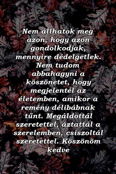 Nem állhatok meg azon, hogy azon gondolkodjak, mennyire dédelgetlek. Nem tudom abbahagyni a köszönetet, hogy megjelentél az életemben, amikor a remény délibábnak tűnt. Megáldottál szeretettel, áztattál a szerelemben, csiszoltál szeretettel. Köszönöm kedve