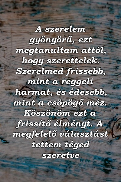 A szerelem gyönyörű, ezt megtanultam attól, hogy szerettelek. Szerelmed frissebb, mint a reggeli harmat, és édesebb, mint a csöpögő méz. Köszönöm ezt a frissítő élményt. A megfelelő választást tettem téged szeretve