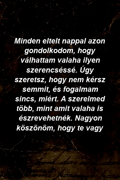 Minden eltelt nappal azon gondolkodom, hogy válhattam valaha ilyen szerencséssé. Úgy szeretsz, hogy nem kérsz semmit, és fogalmam sincs, miért. A szerelmed több, mint amit valaha is észrevehetnék. Nagyon köszönöm, hogy te vagy