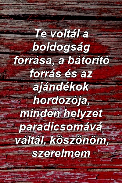 Te voltál a boldogság forrása, a bátorító forrás és az ajándékok hordozója, minden helyzet paradicsomává váltál, köszönöm, szerelmem