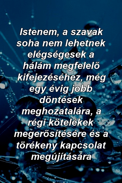 Istenem, a szavak soha nem lehetnek elégségesek a hálám megfelelő kifejezéséhez, még egy évig jobb döntések meghozatalára, a régi kötelékek megerősítésére és a törékeny kapcsolat megújítására