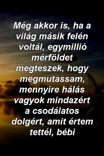 Még akkor is, ha a világ másik felén voltál, egymillió mérföldet megteszek, hogy megmutassam, mennyire hálás vagyok mindazért a csodálatos dolgért, amit értem tettél, bébi