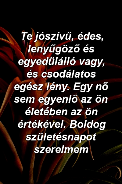 Te jószívű, édes, lenyűgöző és egyedülálló vagy, és csodálatos egész lény. Egy nő sem egyenlő az ön életében az ön értékével. Boldog születésnapot szerelmem