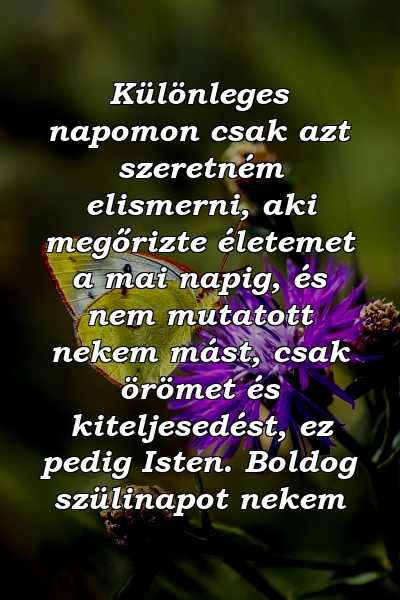 Különleges napomon csak azt szeretném elismerni, aki megőrizte életemet a mai napig, és nem mutatott nekem mást, csak örömet és kiteljesedést, ez pedig Isten. Boldog szülinapot nekem