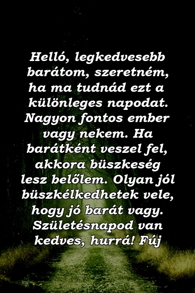 Helló, legkedvesebb barátom, szeretném, ha ma tudnád ezt a különleges napodat. Nagyon fontos ember vagy nekem. Ha barátként veszel fel, akkora büszkeség lesz belőlem. Olyan jól büszkélkedhetek vele, hogy jó barát vagy. Születésnapod van kedves, hurrá! Fúj