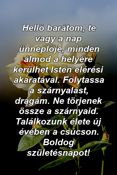 Helló barátom, te vagy a nap ünneplője, minden álmod a helyére kerülhet Isten elérési akaratával. Folytassa a szárnyalást, drágám. Ne törjenek össze a szárnyaid. Találkozunk élete új évében a csúcson. Boldog születésnapot!