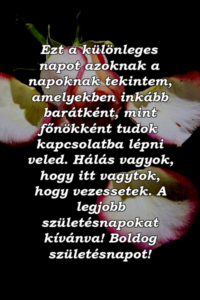 Ezt a különleges napot azoknak a napoknak tekintem, amelyekben inkább barátként, mint főnökként tudok kapcsolatba lépni veled. Hálás vagyok, hogy itt vagytok, hogy vezessetek. A legjobb születésnapokat kívánva! Boldog születésnapot!