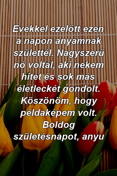 Évekkel ezelőtt ezen a napon anyámnak születtél. Nagyszerű nő voltál, aki nekem hitet és sok más életleckét gondolt. Köszönöm, hogy példaképem volt. Boldog születésnapot, anyu