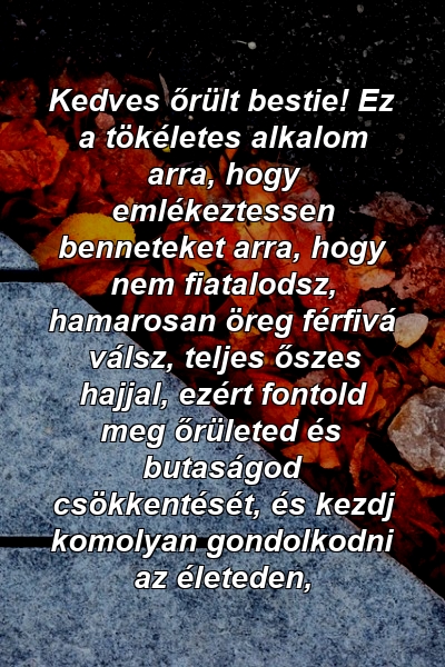 Kedves őrült bestie! Ez a tökéletes alkalom arra, hogy emlékeztessen benneteket arra, hogy nem fiatalodsz, hamarosan öreg férfivá válsz, teljes őszes hajjal, ezért fontold meg őrületed és butaságod csökkentését, és kezdj komolyan gondolkodni az életeden, 