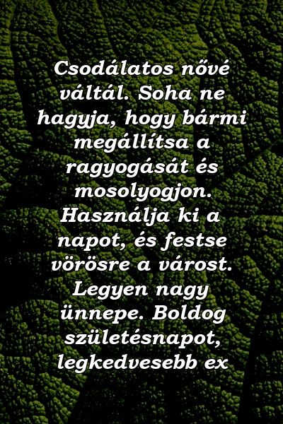 Csodálatos nővé váltál. Soha ne hagyja, hogy bármi megállítsa a ragyogását és mosolyogjon. Használja ki a napot, és festse vörösre a várost. Legyen nagy ünnepe. Boldog születésnapot, legkedvesebb ex