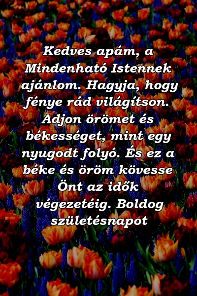 Kedves apám, a Mindenható Istennek ajánlom. Hagyja, hogy fénye rád világítson. Adjon örömet és békességet, mint egy nyugodt folyó. És ez a béke és öröm kövesse Önt az idők végezetéig. Boldog születésnapot