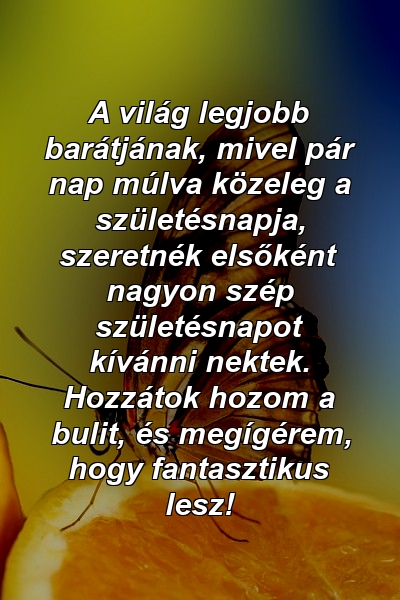 A világ legjobb barátjának, mivel pár nap múlva közeleg a születésnapja, szeretnék elsőként nagyon szép születésnapot kívánni nektek. Hozzátok hozom a bulit, és megígérem, hogy fantasztikus lesz!