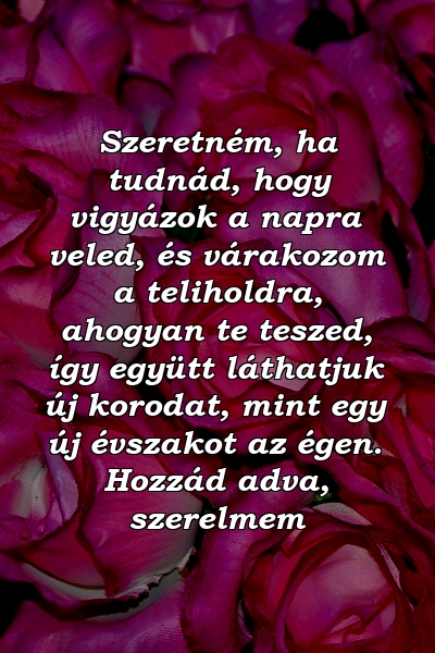 Szeretném, ha tudnád, hogy vigyázok a napra veled, és várakozom a teliholdra, ahogyan te teszed, így együtt láthatjuk új korodat, mint egy új évszakot az égen. Hozzád adva, szerelmem