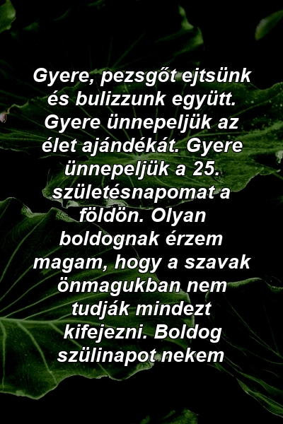 Gyere, pezsgőt ejtsünk és bulizzunk együtt. Gyere ünnepeljük az élet ajándékát. Gyere ünnepeljük a 25. születésnapomat a földön. Olyan boldognak érzem magam, hogy a szavak önmagukban nem tudják mindezt kifejezni. Boldog szülinapot nekem