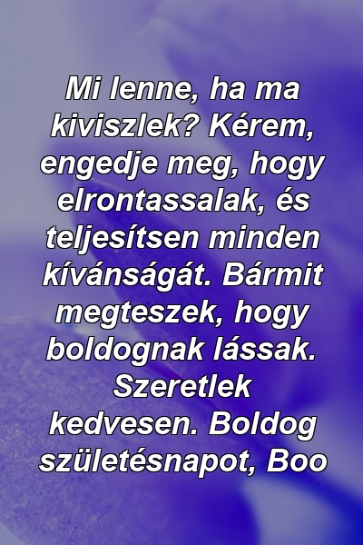 Mi lenne, ha ma kiviszlek? Kérem, engedje meg, hogy elrontassalak, és teljesítsen minden kívánságát. Bármit megteszek, hogy boldognak lássak. Szeretlek kedvesen. Boldog születésnapot, Boo