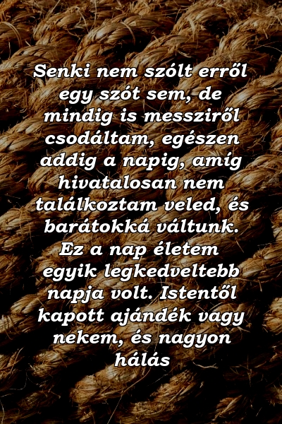 Senki nem szólt erről egy szót sem, de mindig is messziről csodáltam, egészen addig a napig, amíg hivatalosan nem találkoztam veled, és barátokká váltunk. Ez a nap életem egyik legkedveltebb napja volt. Istentől kapott ajándék vagy nekem, és nagyon hálás 