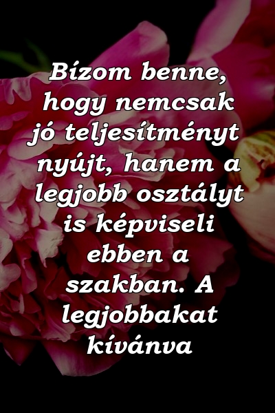 Bízom benne, hogy nemcsak jó teljesítményt nyújt, hanem a legjobb osztályt is képviseli ebben a szakban. A legjobbakat kívánva