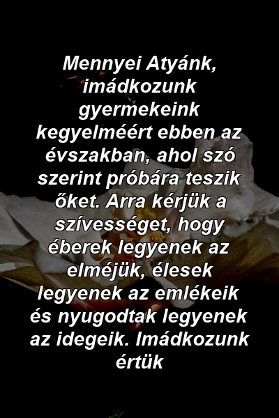 Mennyei Atyánk, imádkozunk gyermekeink kegyelméért ebben az évszakban, ahol szó szerint próbára teszik őket. Arra kérjük a szívességet, hogy éberek legyenek az elméjük, élesek legyenek az emlékeik és nyugodtak legyenek az idegeik. Imádkozunk értük