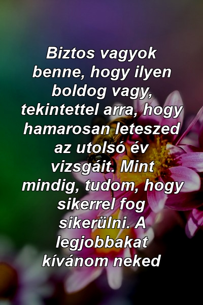 Biztos vagyok benne, hogy ilyen boldog vagy, tekintettel arra, hogy hamarosan leteszed az utolsó év vizsgáit. Mint mindig, tudom, hogy sikerrel fog sikerülni. A legjobbakat kívánom neked