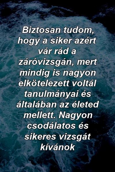 Biztosan tudom, hogy a siker azért vár rád a záróvizsgán, mert mindig is nagyon elkötelezett voltál tanulmányai és általában az életed mellett. Nagyon csodálatos és sikeres vizsgát kívánok