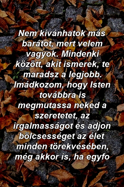 Nem kívánhatok más barátot, mert velem vagyok. Mindenki között, akit ismerek, te maradsz a legjobb. Imádkozom, hogy Isten továbbra is megmutassa neked a szeretetet, az irgalmasságot és adjon bölcsességet az élet minden törekvésében, még akkor is, ha egyfo