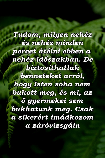 Tudom, milyen nehéz és nehéz minden percet átélni ebben a nehéz időszakban. De biztosíthatlak benneteket arról, hogy Isten soha nem bukott meg, és mi, az ő gyermekei sem bukhatunk meg. Csak a sikerért imádkozom a záróvizsgáin