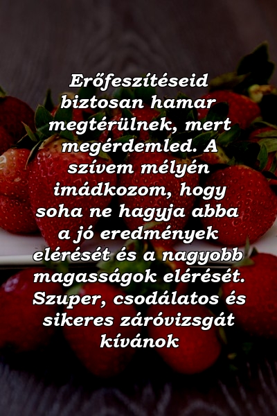 Erőfeszítéseid biztosan hamar megtérülnek, mert megérdemled. A szívem mélyén imádkozom, hogy soha ne hagyja abba a jó eredmények elérését és a nagyobb magasságok elérését. Szuper, csodálatos és sikeres záróvizsgát kívánok