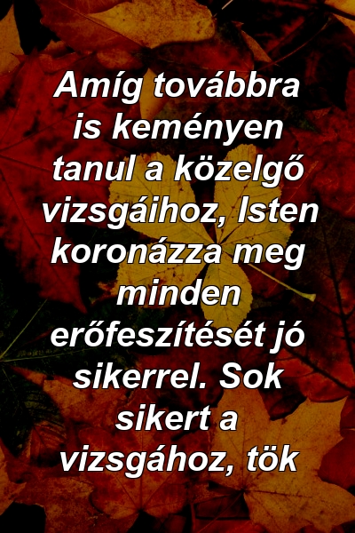 Amíg továbbra is keményen tanul a közelgő vizsgáihoz, Isten koronázza meg minden erőfeszítését jó sikerrel. Sok sikert a vizsgához, tök