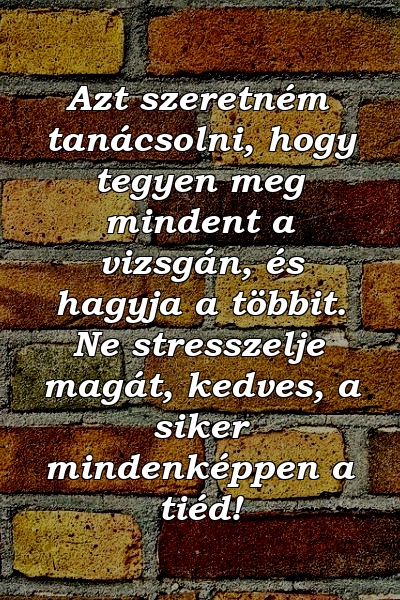 Azt szeretném tanácsolni, hogy tegyen meg mindent a vizsgán, és hagyja a többit. Ne stresszelje magát, kedves, a siker mindenképpen a tiéd!