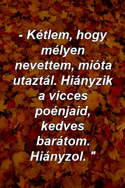 - Kétlem, hogy mélyen nevettem, mióta utaztál. Hiányzik a vicces poénjaid, kedves barátom. Hiányzol. "