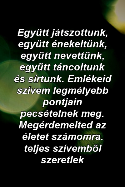 Együtt játszottunk, együtt énekeltünk, együtt nevettünk, együtt táncoltunk és sírtunk. Emlékeid szívem legmélyebb pontjain pecsételnek meg. Megérdemelted az életet számomra. teljes szívemből szeretlek