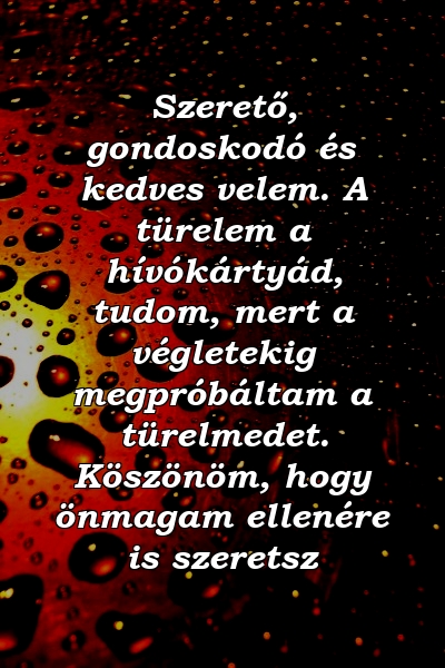 Szerető, gondoskodó és kedves velem. A türelem a hívókártyád, tudom, mert a végletekig megpróbáltam a türelmedet. Köszönöm, hogy önmagam ellenére is szeretsz