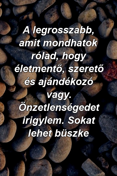 A legrosszabb, amit mondhatok rólad, hogy életmentő, szerető és ajándékozó vagy. Önzetlenségedet irigylem. Sokat lehet büszke